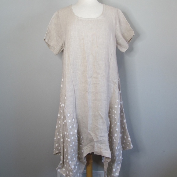 NWT Luca Vanucci 100% Linen Lagenlook Asymmetrical Hem Beige Dress Sz M - Picture 1 of 11
